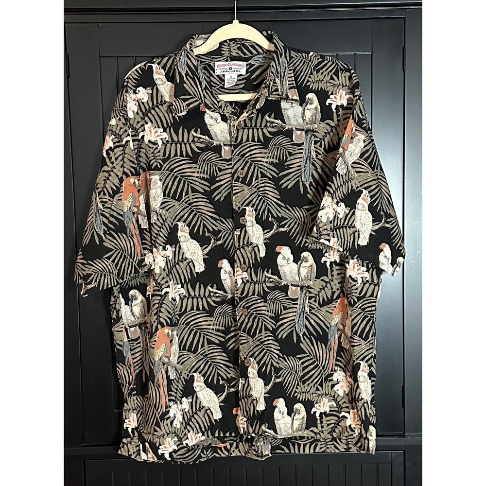 Boca Classics XL Tropical Parrot Shirt‎ Button Up Black Palm Leaf Island Resort
